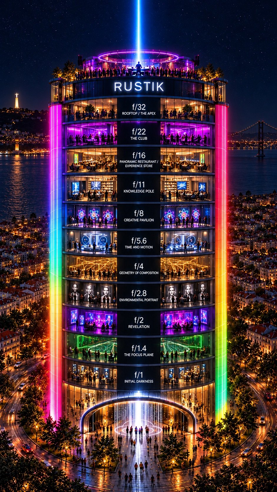 A torre à noite sobre Lisboa iluminada, com a boate RUSTIK no topo e o terraço cheio de gente.