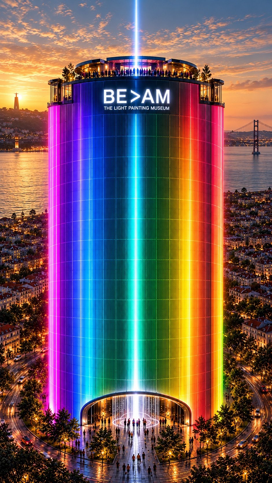 A torre BE>AM ao entardecer em Lisboa: um cilindro de vidro iluminado pelo espectro do arco-íris, com o feixe branco-azul a subir do topo para o céu, o Tejo e a ponte ao fundo.
